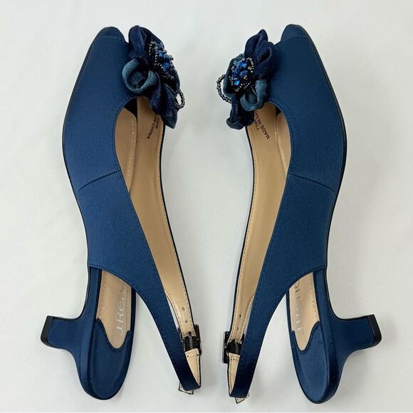 J. Renee LEONELLE Navy Blue Sparkle Bead Flower Open Toe Slingback Strap Heels - Picture 11 of 16